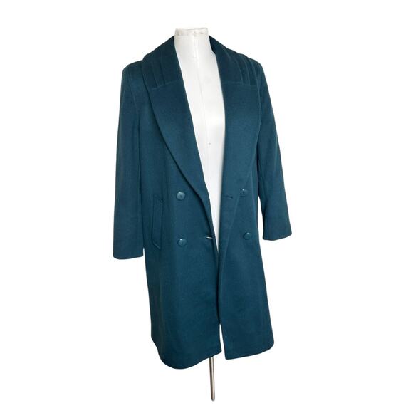 Vintage 80s Alorna Wool Blend Trench Coat Double Breasted Peacock Blue sz M - Picture 2 of 12
